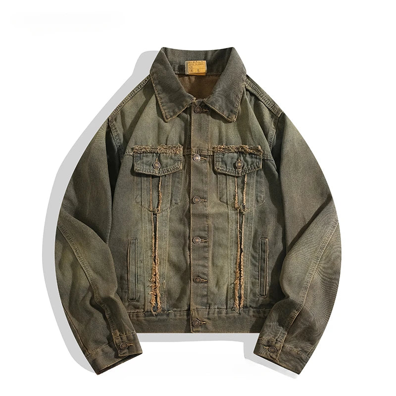 Men and Women Washed Distressed Raw Edged Denim Jacket European American Heavy Industry Handsome Loose Casual Street Punk Jacket