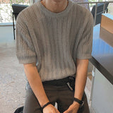 Men's Clothing Light Luxury Hollow Out O Neck Knit T Shirt Leisure Solid Color Short Sleeve Korean Popular Retro Knitwear M-2XL