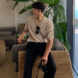 Men's Clothing Light Luxury Knitted Polo Shirt Casual Stripe V-Neck Solid Color Short Sleeve T-Shirt Breathable Fashion Knitwear