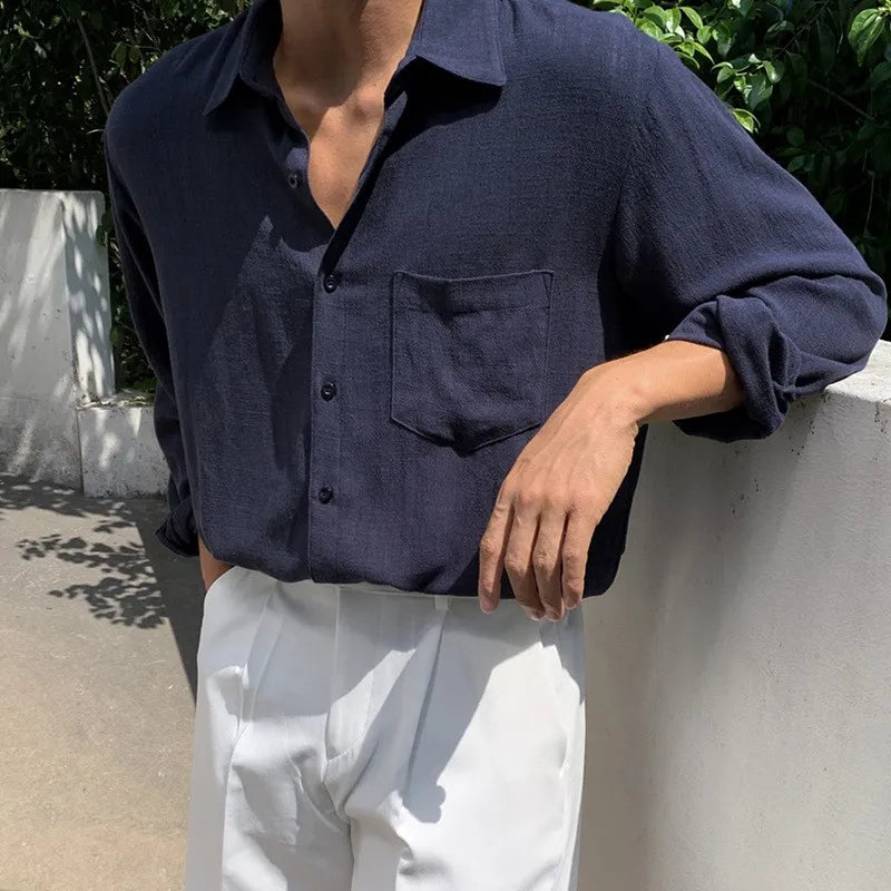 Men's Clothing Light Luxury Korean Popular Linen Shirts Streetwear Long Sleeve Solid Color Retro Leisure Thin Pocket Blouse