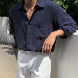 Men's Clothing Light Luxury Korean Popular Linen Shirts Streetwear Long Sleeve Solid Color Retro Leisure Thin Pocket Blouse