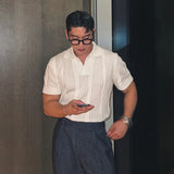 Men's Clothing Luxury Korean Popular Hollow Out Polo Shirt Leisure V Neck Short Sleeve Solid Color Retro Streetwear Knitwear