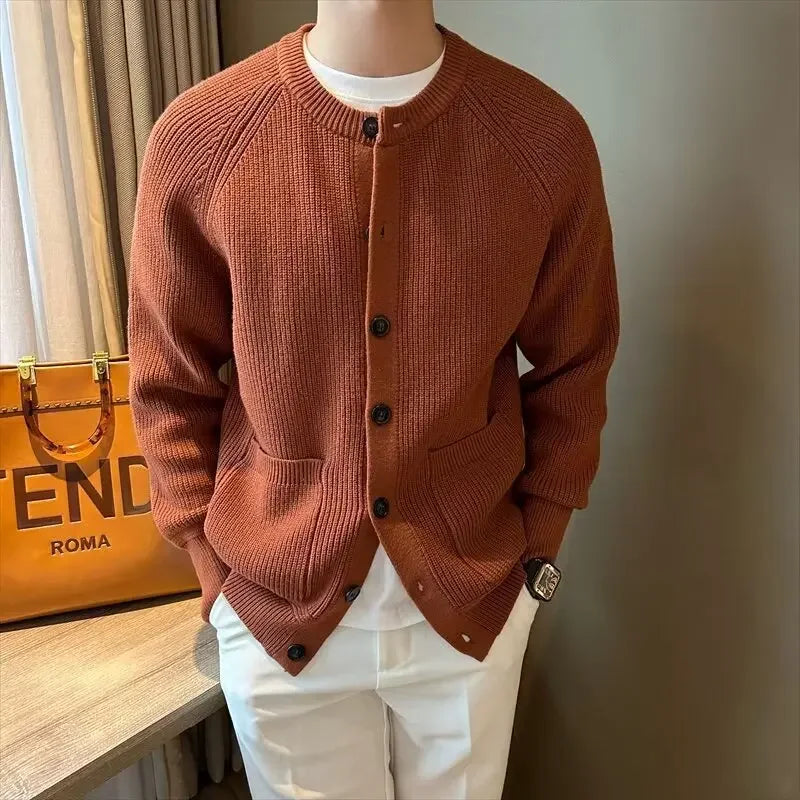 Men's Fashionable Winter Knit Jacket Loose-fit Round Neck Single-breasted Blazer Casual Style Pullovers