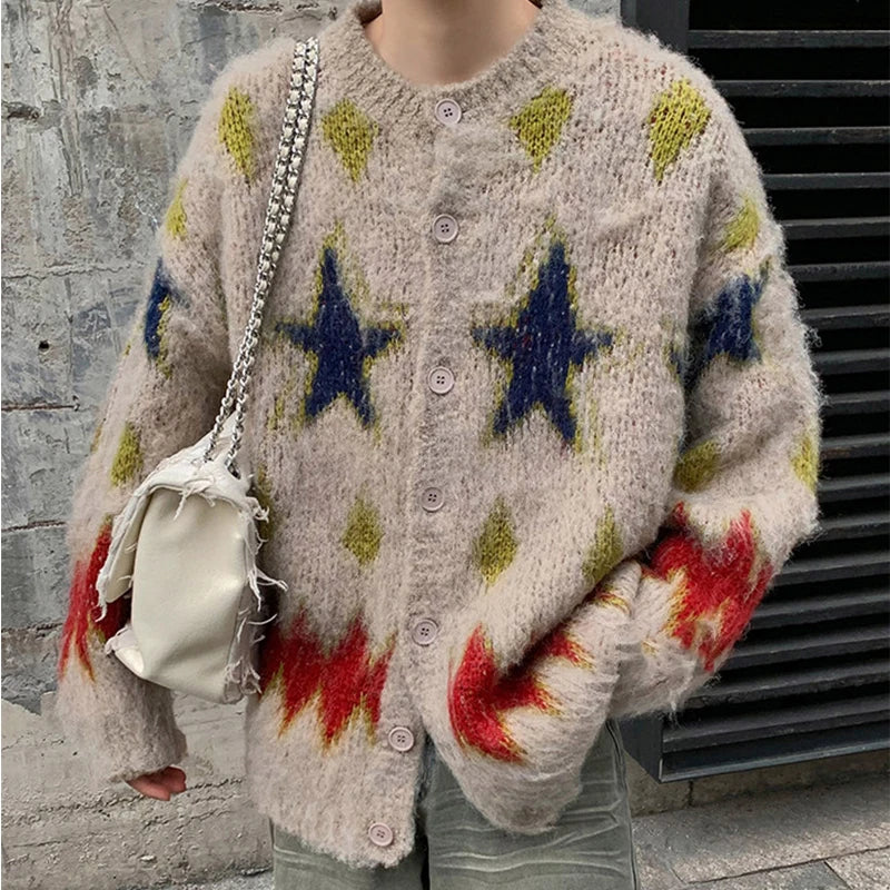 Men's Luxury Knitted Graphic Buttons Cardigan Sweater Coat Long Sleeve Casual Streetwear Stylish Leisure Vintage New