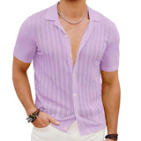 Men's Summer Short Sleeve Polo Shirt Knitted Stripe Solid Breathable Cardigan Shirt Male Streetwear Casual Polo Shirts