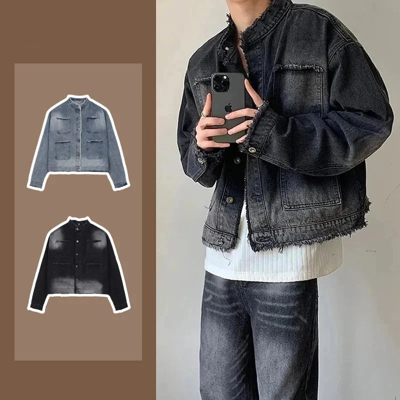 Mens Hip-hop Denim Jacket Gradient Rough Edge Shoulder Pads Cowboy Coat Single Breasted Short Fashion Casual Men Outwear New