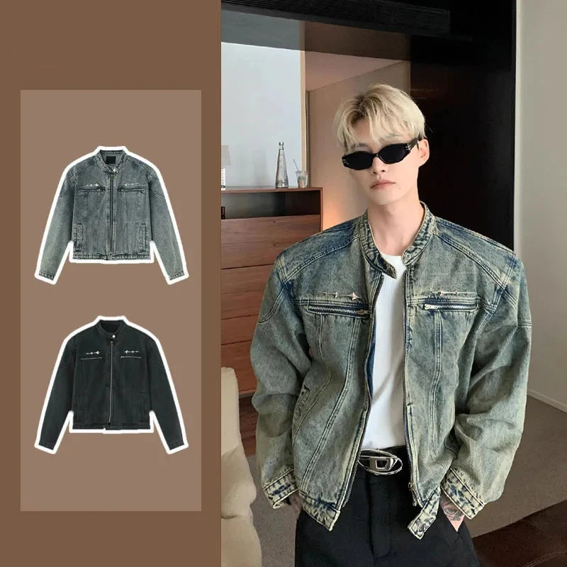 Motorcycle Washed Denim Jacket Men American Street Hip Hop Metal Design Distressed Coat Zipper Pocket Loose Jeans Jacket Unisex