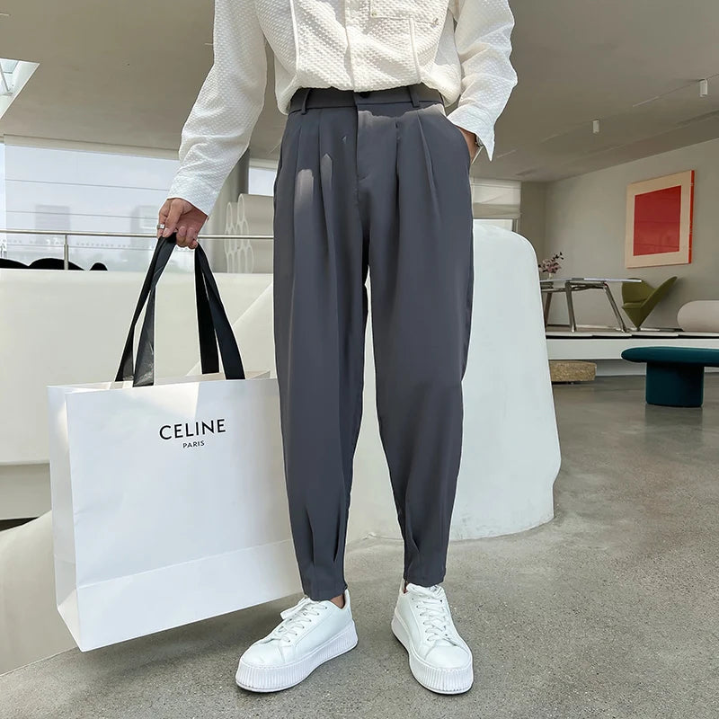 New Fashion Spring Summer Pants Men Tapered Bottom Slit Trousers Korean Style White Khaki Black Elastic Waist Casual Pants Man