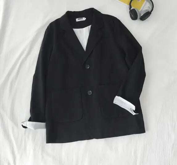 New Men's Black  Color Long Sleeves  Casual Cotton  Line Fashion Loose Two  Button Suit Jacket