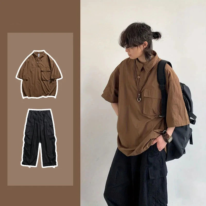 New Summer Japanese Mens Set Harajuku Mid Sleeved Trendy Shirt+ Wide-leg Cargo Pants 2-pcs Thin Casual College Male Suit