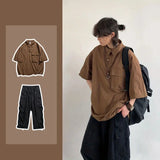 New Summer Japanese Mens Set Harajuku Mid Sleeved Trendy Shirt+ Wide-leg Cargo Pants 2-pcs Thin Casual College Male Suit