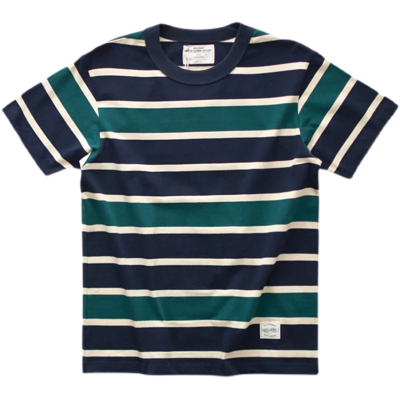New summer hipster men's heavy retro chunky striped cotton crewneck short sleeve T-shirt