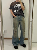 Small old washed dirty pants flared jeans spring and summer new straight loose casual versatile long pants