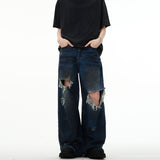 American retro distressed ripped jeans for the floor, new summer styles, niche high street, loose and versatile wide-leg pants