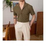 Gotmes-shop hoco outfits for guys Five-Quarter Sleeve Trendy Summer Shirt Japanese Men's Standard Cuban Collar Youth Popular Lazy New Solid Color