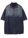 American high street gradient washed old denim short-sleeved shirt new summer ins trendy couple zipper shirt