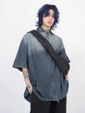 American high street gradient washed old denim short-sleeved shirt new summer ins trendy couple zipper shirt