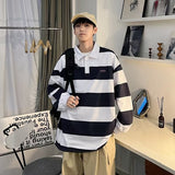 Gotmes-shop black men fashion urban Retro Color Matching Striped Long-Sleeved Polo Shirt Men's Fashion Brand Loose Boyfriend Style Couple Casual Sweater Jacket