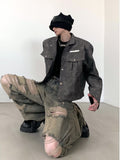 Wasteland old retro washed high street ripped jeans men's spring new wide-leg niche design beggar pants