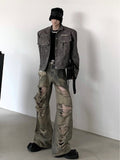 Wasteland old retro washed high street ripped jeans men's spring new wide-leg niche design beggar pants