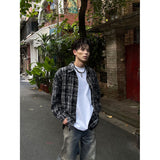 skater boy outfits American High Street Retro Niche Tie-Dyed Plaid Destroyed Frayed Shirt Shirt Men's Loose Autumn Long Sleeve Coat Fashion