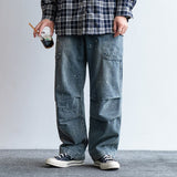 Gotmes-shop mens outfits American Style Street Washed Workwear Blue Jeans Men's Summer Loose All-Match Casual Trousers Straight Pants