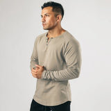 Gotmes-shop men’s fashion Retro Henley Shirt Long-Sleeved T-shirt Solid Color Sports Fitness Bottoming Shirt Men's Cotton Stretch Thin V-neck Cardigan