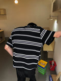 American retro black and white striped short-sleeved T-shirt men's trendy brand pure cotton lazy style oversize summer new style half sleeve