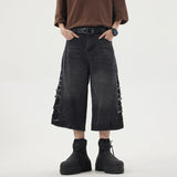 Summer new damaged washed old denim shorts men's loose American retro cut wide leg straight cropped trousers