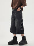 Summer new damaged washed old denim shorts men's loose American retro cut wide leg straight cropped trousers