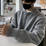 Gotmes-shop mens fall fashion Lapel Polo Shirt Sweater Men's Loose Korean Style Trendy Handsome All-Match Solid Color Bottoming Sweater Top Coat