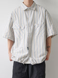 summer new niche retro striped short-sleeved shirt men's trendy hem drawstring half-sleeved shirt jacket