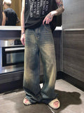 Niche worn and distressed retro washed straight jeans men's autumn new loose versatile wide-leg mopping trousers