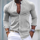  Men's New High Quality Striped Simple Comfortable Long Sleeve Button Shirt 