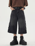 Summer new damaged washed old denim shorts men's loose American retro cut wide leg straight cropped trousers