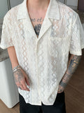 Niche retro jacquard hollow design short-sleeved shirt men summer new lazy style lapel shirt trend