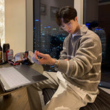 black men fashion urban Japanese Style Lapel Sweater Men's Autumn Korean Style Trendy Lazy Style Versatile Striped Pullover Half Zipper Knitted Coat Trendy