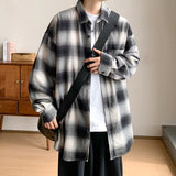 black men fashion urban Spring and Autumn Flannel Cotton Plaid Long-Sleeved Shirt Men's Japanese Wear Loose plus Size All-Match Top Coat