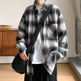 black men fashion urban Spring and Autumn Flannel Cotton Plaid Long-Sleeved Shirt Men's Japanese Wear Loose plus Size All-Match Top Coat