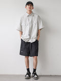 summer new niche retro striped short-sleeved shirt men's trendy hem drawstring half-sleeved shirt jacket