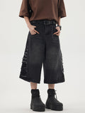 Summer new damaged washed old denim shorts men's loose American retro cut wide leg straight cropped trousers