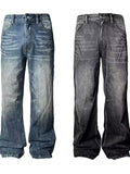 American retro dark blue lightning burst cracked jeans for men and women loose wide-leg pants washed straight flared pants