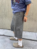 American retro washed denim shorts men's summer casual loose straight wide leg trendy brand pocket workwear cropped trousers