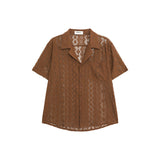 Niche retro jacquard hollow design short-sleeved shirt men summer new lazy style lapel shirt trend