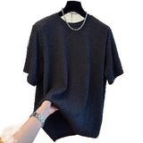 High-grade texture design casual short-sleeved T-shirt for men and women, seersucker lazy summer loose temperament men's top