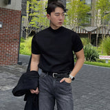 black men fashion urban Black Half Turtleneck Pullover Knitted T-shirt Men's American-Style Men's Short-Sleeved Sweater Trendy Slim Bottoming Half-Sleeved Shirt