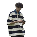 masc outfits American Retro Design Striped Top Men's and Women's Summer Loose All-Match College Style Couple Polo Shirt Short Sleeve Fashion