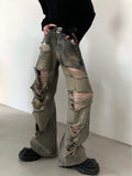 Wasteland old retro washed high street ripped jeans men's spring new wide-leg niche design beggar pants