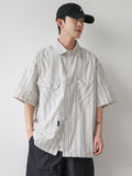 summer new niche retro striped short-sleeved shirt men's trendy hem drawstring half-sleeved shirt jacket