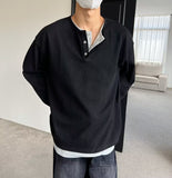 mens outfit inspiration Japanese Retro Henry Collar Fake Two-Piece Long-Sleeved T-shirt Men's Autumn Casual Sweater Men's Autumn Bottoming Shirt